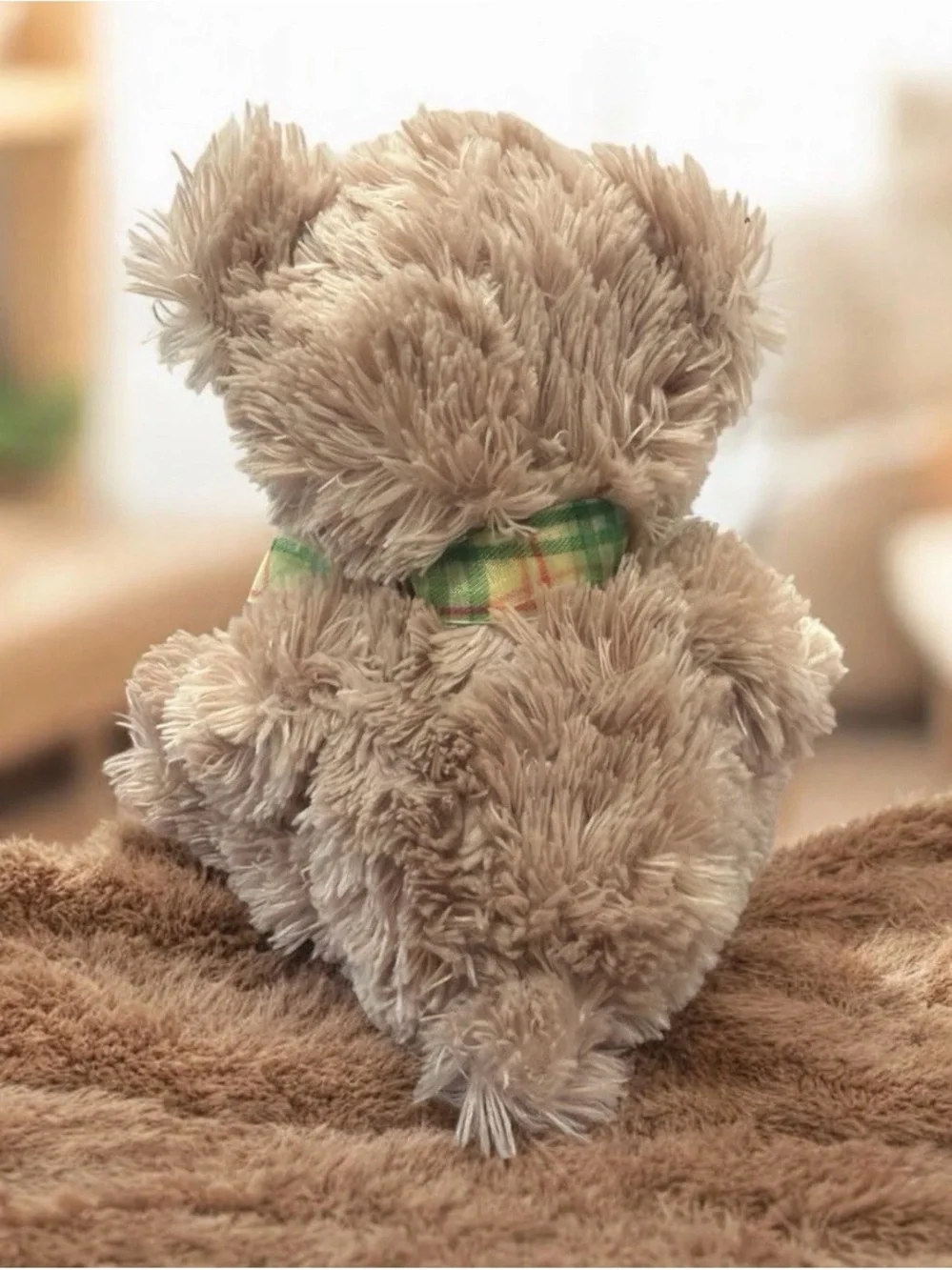 First & Main Plush Beige Teddy Bear with Green Plaid Bow - Soft Kids Toy